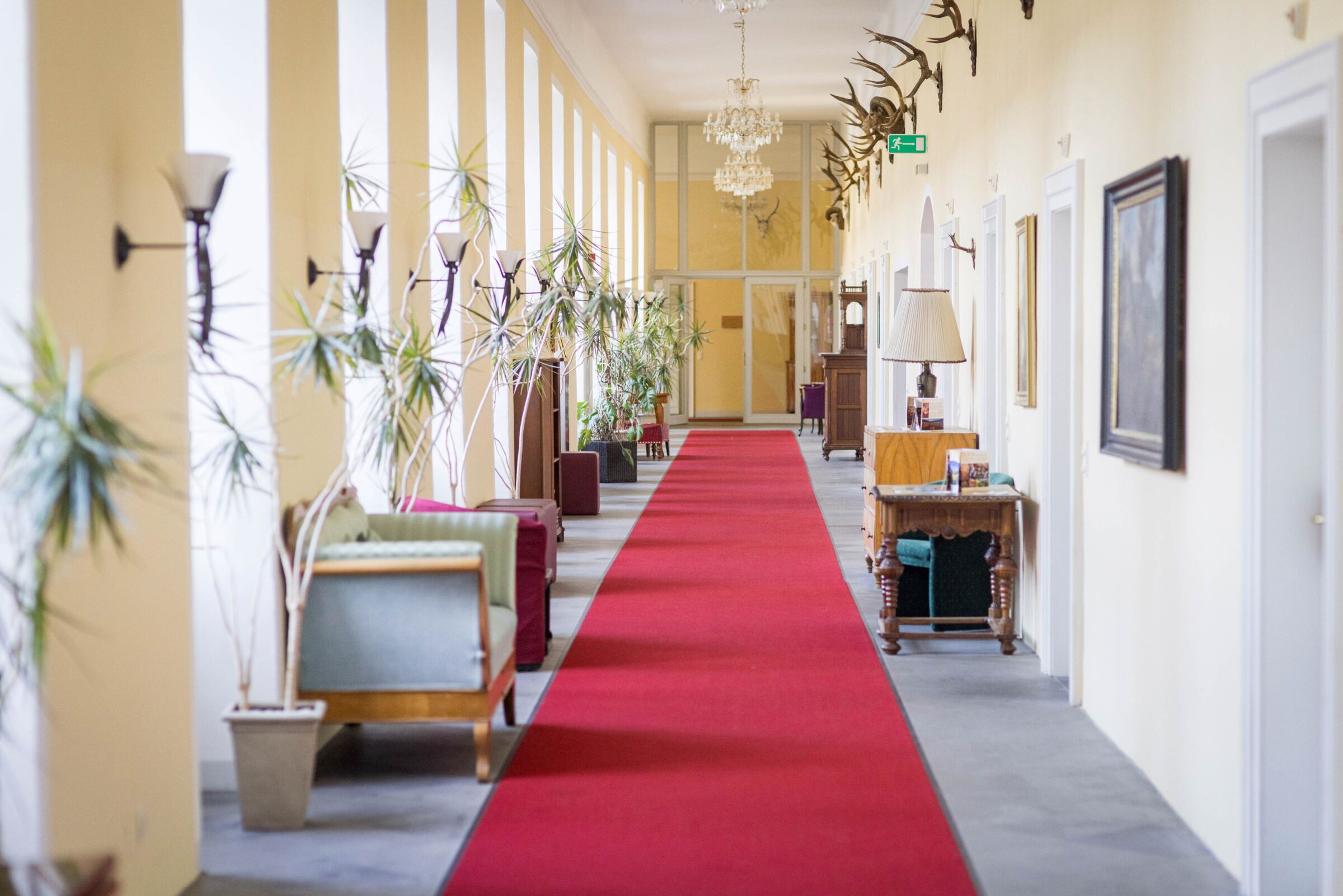 Lichtdurchfluteter Gang im Schlosshotel Mondsee mit elegantem Interieur und historischem Charme